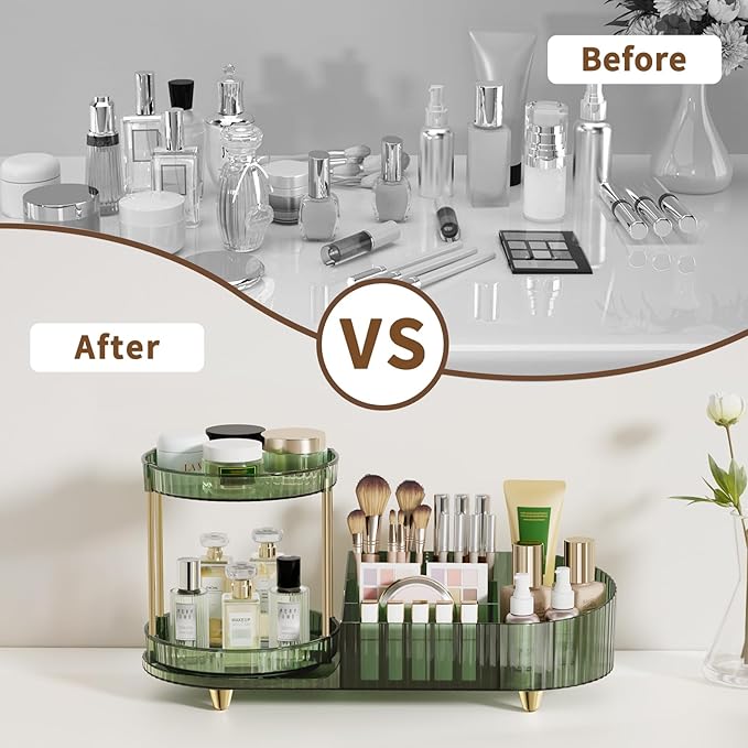 360 Rotating Makeup Organizer for Vanity, 2 Small Trays & 5 Compartments for Cosmetics, Skincare, Perfume, Lipstick & Make up Brush Holder, Bathroom Countertop Organizers and Storage for Dresser, Desk