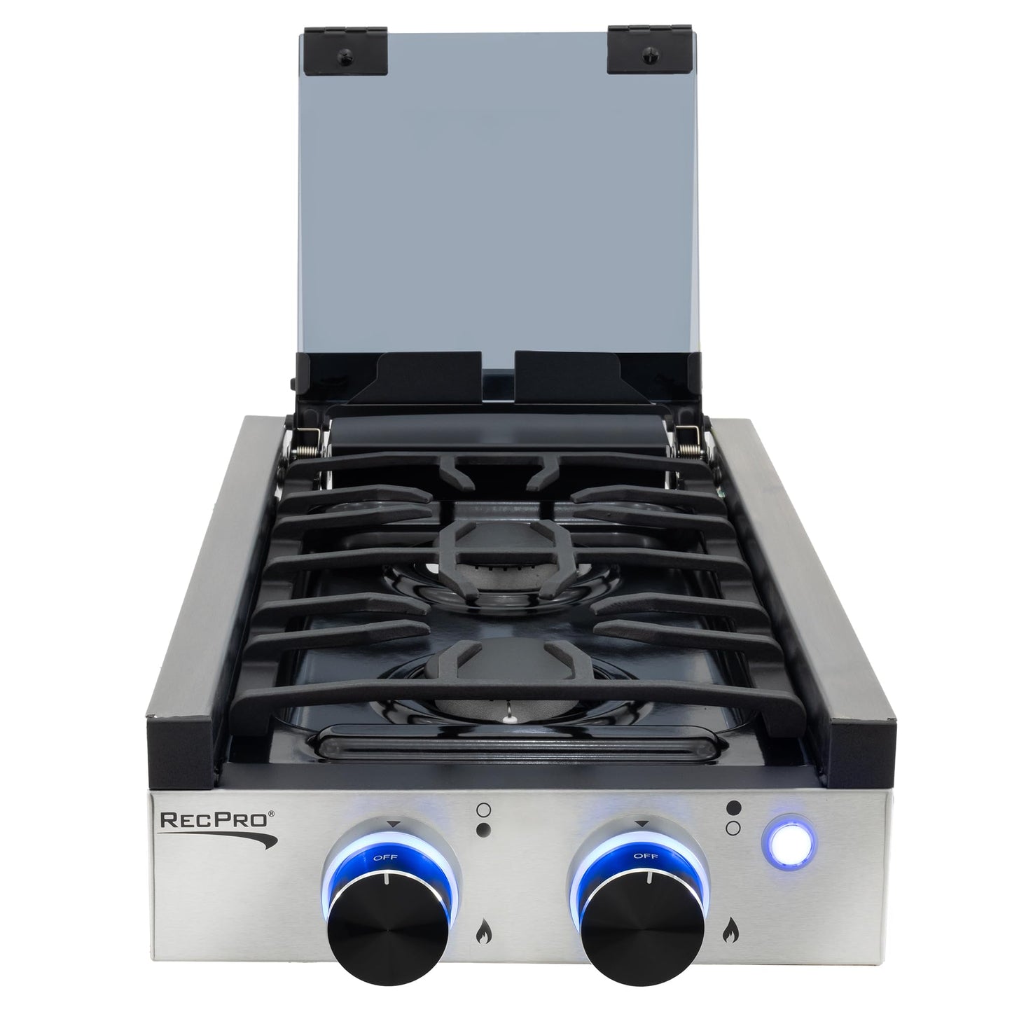 RecPro RV Built In Gas Cooktop | 2 Burner or 3 Burner | RV Cooktop Stove | 6,500 and 8,000 BTU Burners | Cover Included (Stainless Steel, 2-Burner)