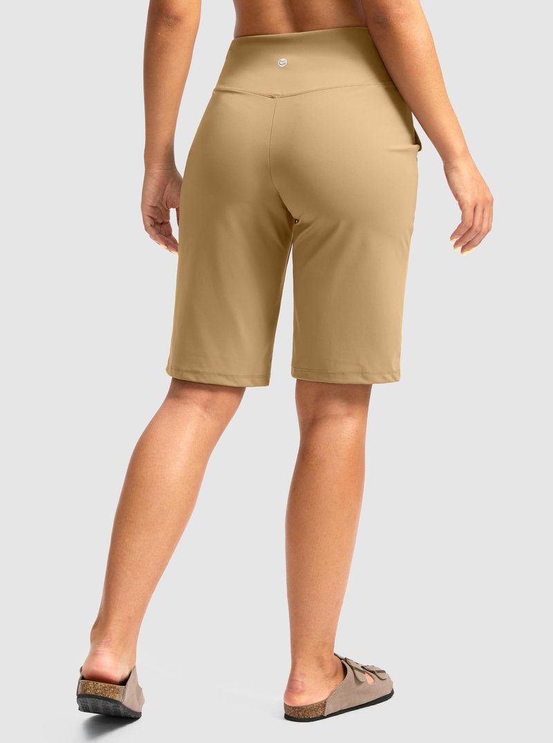 Women's Bermuda Shorts 12" Knee Length with Pockets High Waisted Stretch Long Shorts for Women Casual Walking (Khaki, L)