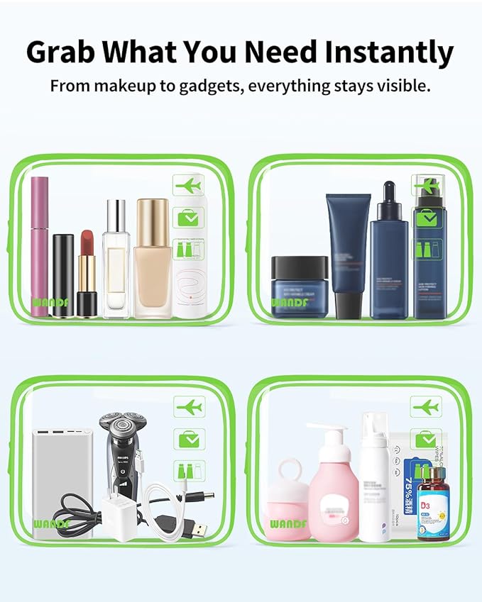 WANDF TSA Approved Toiletry Bag, 2 Packs Travel Clear Toiletry Bag, Quart Size Makeup Cosmetic Pouch with Zipper, Carry-On Airport Compliant Bag for Women and Men (2pcs Green)