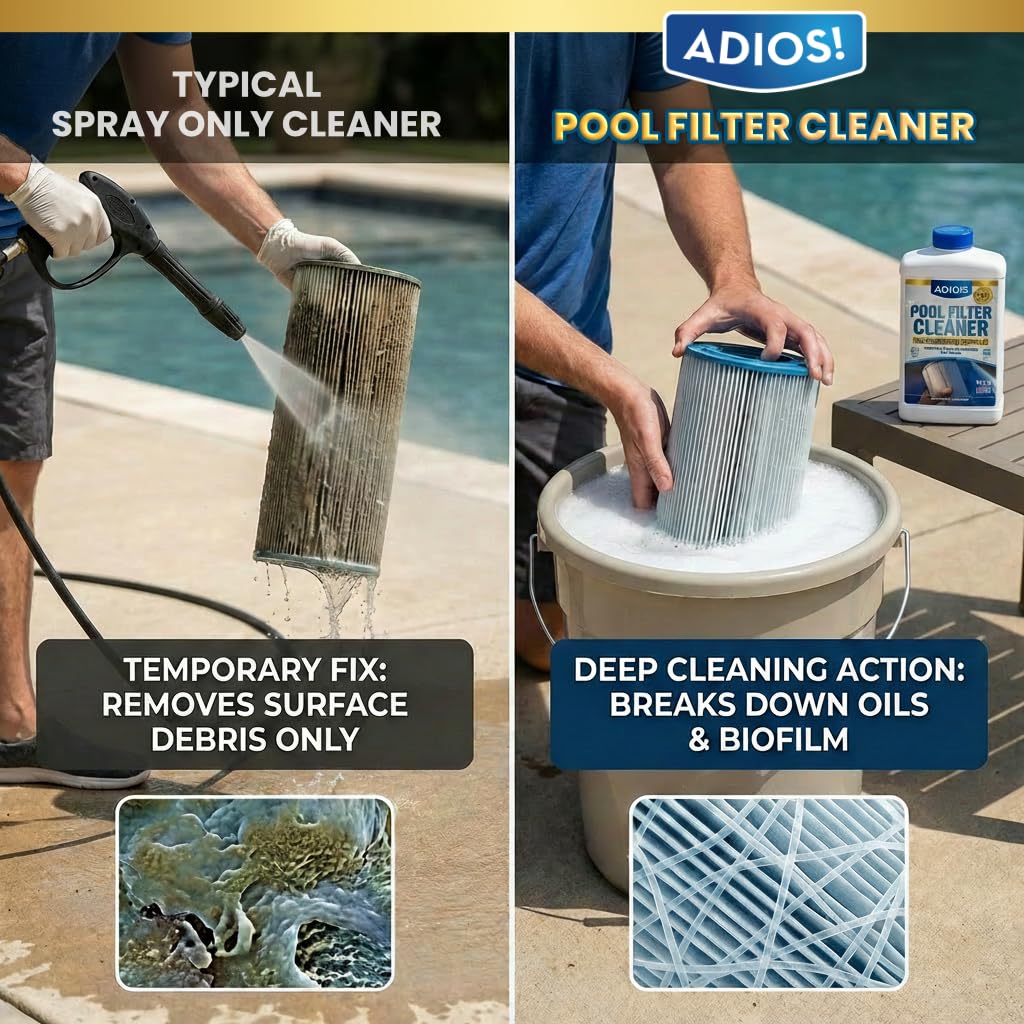 ADIOS! Pool Filter Cleaner, Deep Cleaning Soak Solution for Cartridge, Sand and DE Filters – Degreases and Restores Media - 128oz (Gallon)