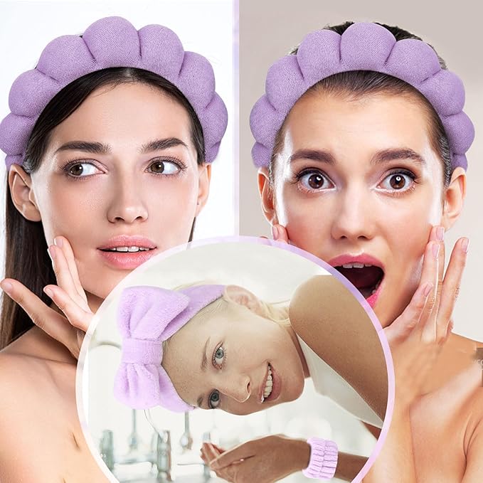 Puffy Terry Cloth Headbands & Wristbands - Sponge Makeup Removal Set for Skincare Routine and Shower