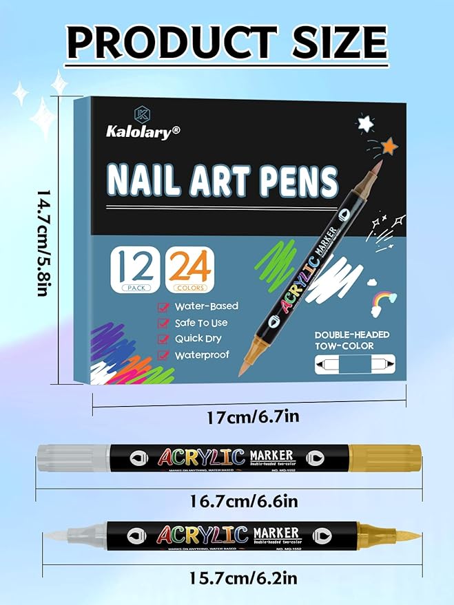 24 Color 3D Nail Art Polish Pens Set, Kalolary Nail Art Markers Point Graffiti Dotting Pen Drawing Painting Liner Double Headed Acrylic Paint for DIY Nail Art