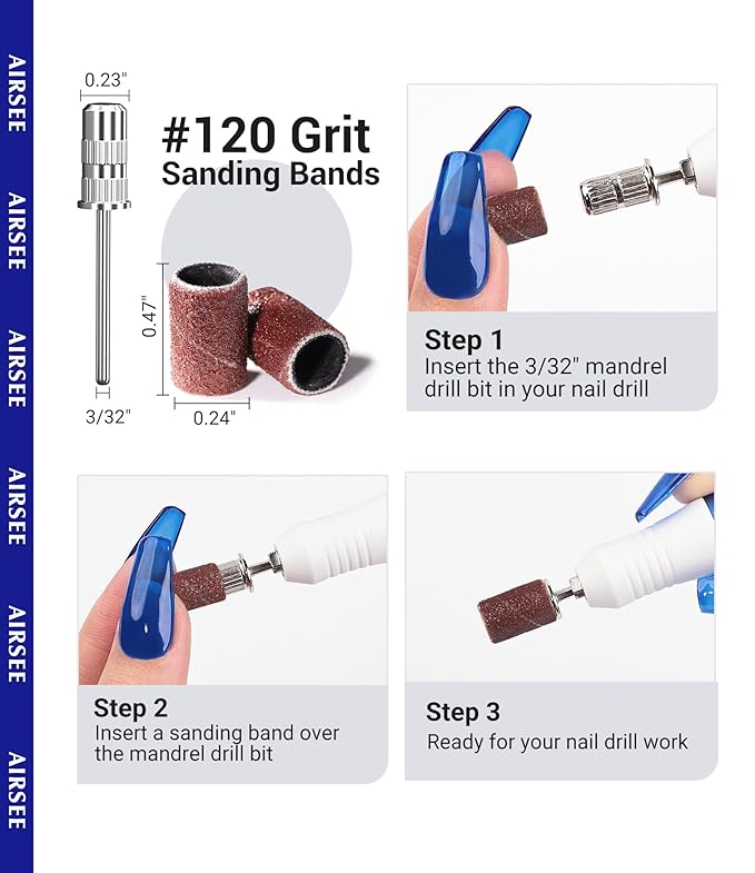 AIRSEE Sanding Bands for Electric Nail Drill 100 Piece Set 120 Grit Coarse Acrylic File Attachments Professional Sander 1 Mandrel Bit Beauty Salon Accessories Manicure and Pedicure Finger Callus Brown