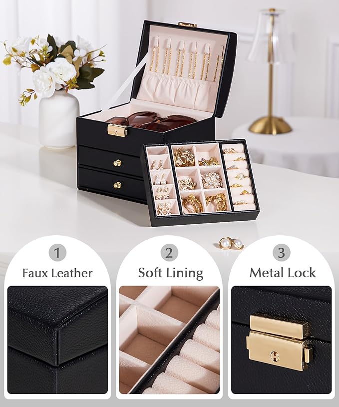 Homde Girls Jewelry Box with Lock: 3 Layer Organizer with Removable Tray - Storage for Ring Necklace Earring - Birthday & Return Gifts for Young Women (Graphite Black)