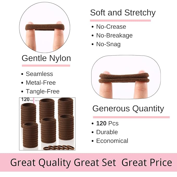LuSeren 120 Pcs No Damage Hair Ties for Thick Hair, Large Soft Seamless Nylon Hair Elastics for Women, Ponytail Holders, Hair Accessories Ã¢ÂÂ brown
