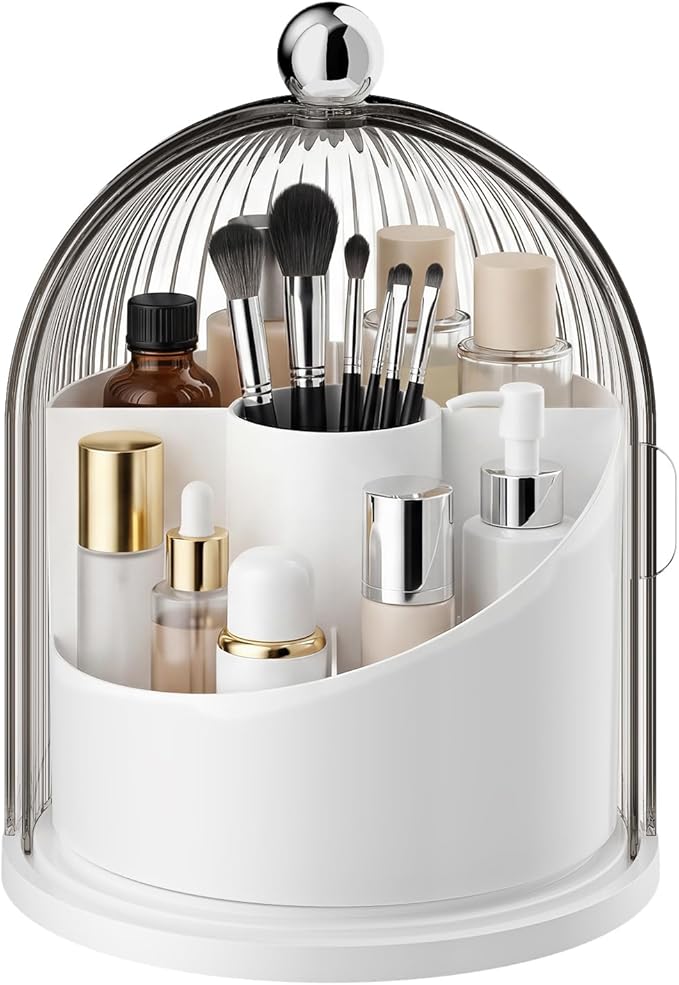 Makeup Brush Holder with Lid, 360ÃÂ° Rotating Cosmetic Organizer for Vanity, Covered Beauty Brushes Holder for Bathroom, Skincare Storage for Corner Countertop