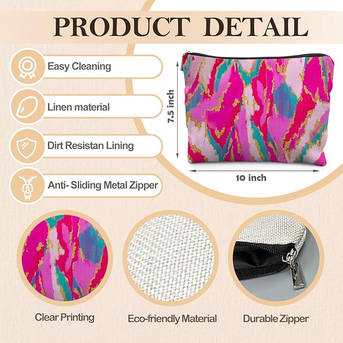 Hot Pink Teal Gold Marble Makeup Bag, Women's Cosmetic Case, Waterproof Linen Bag, Effortless Organization