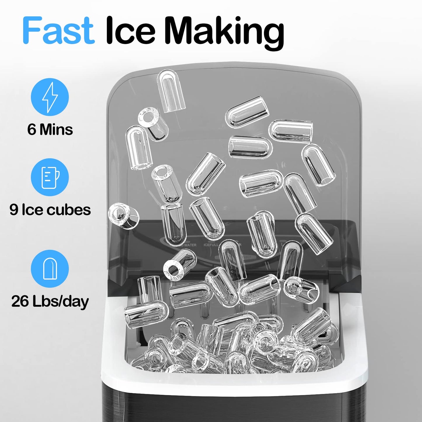 SPECILITE Ice Makers Countertop, Compact Counter Machine, Self Cleaning, 26L/24H, 9 Ice Cubes S/L Pellet in 6-8 Mins, Portable Icemaker with Pouch/Bag/Scoop/Basket for Home Kitchen Office Bar (Black)