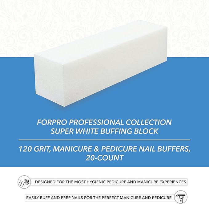 ForPro Professional Collection Super White Buffing Block, 120 Grit, Four-Sided Manicure and Pedicure Nail Buffer, 3.75” L x 1” W x 1” H, 20-Count