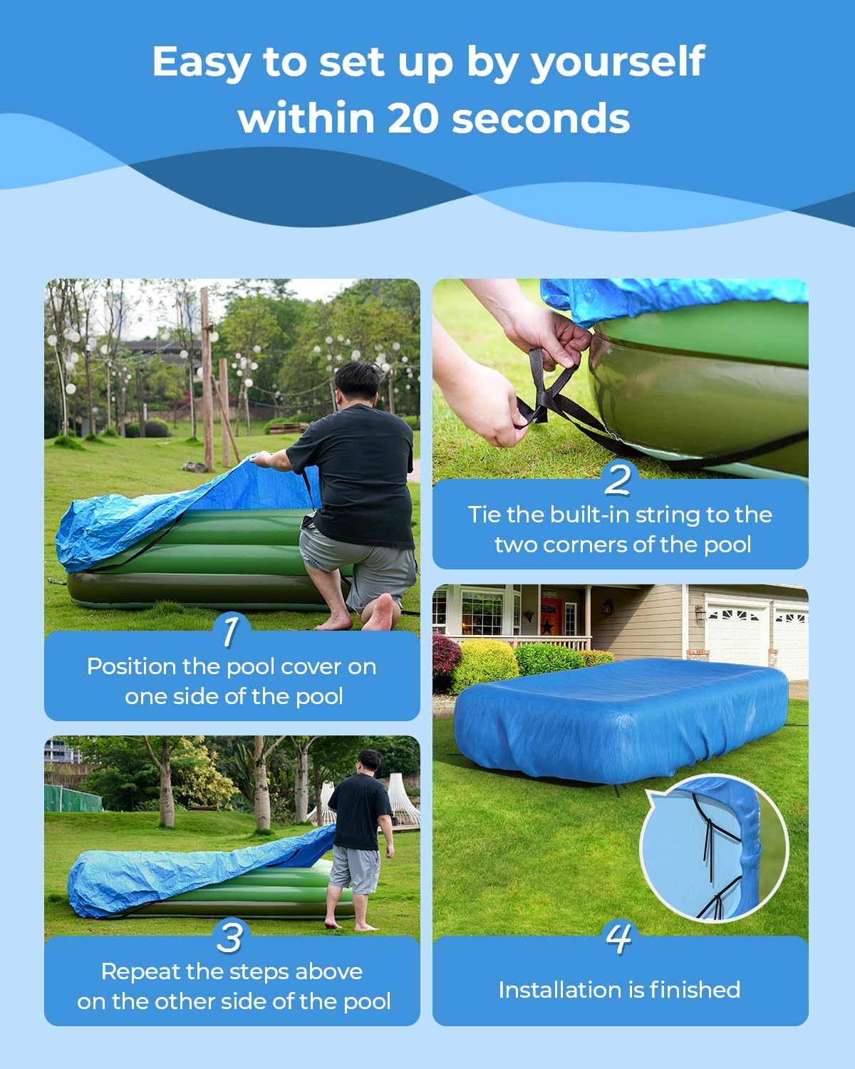 Inflatable Pool Cover Rectangle for 120” x 72”, 130” x 72”, 145" x 74" Pool, Secure Elastic Edge & Drawstrings 10' x 7' Rectangular Pool Covers for Above Ground Pools