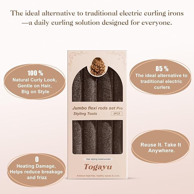 Heatless Curls Overnight Set for Natural Hair, Comfortable Easy-Lock Rollers, Heat-Free Hair Curlers for Long Textured Hair, 8PCS Brown