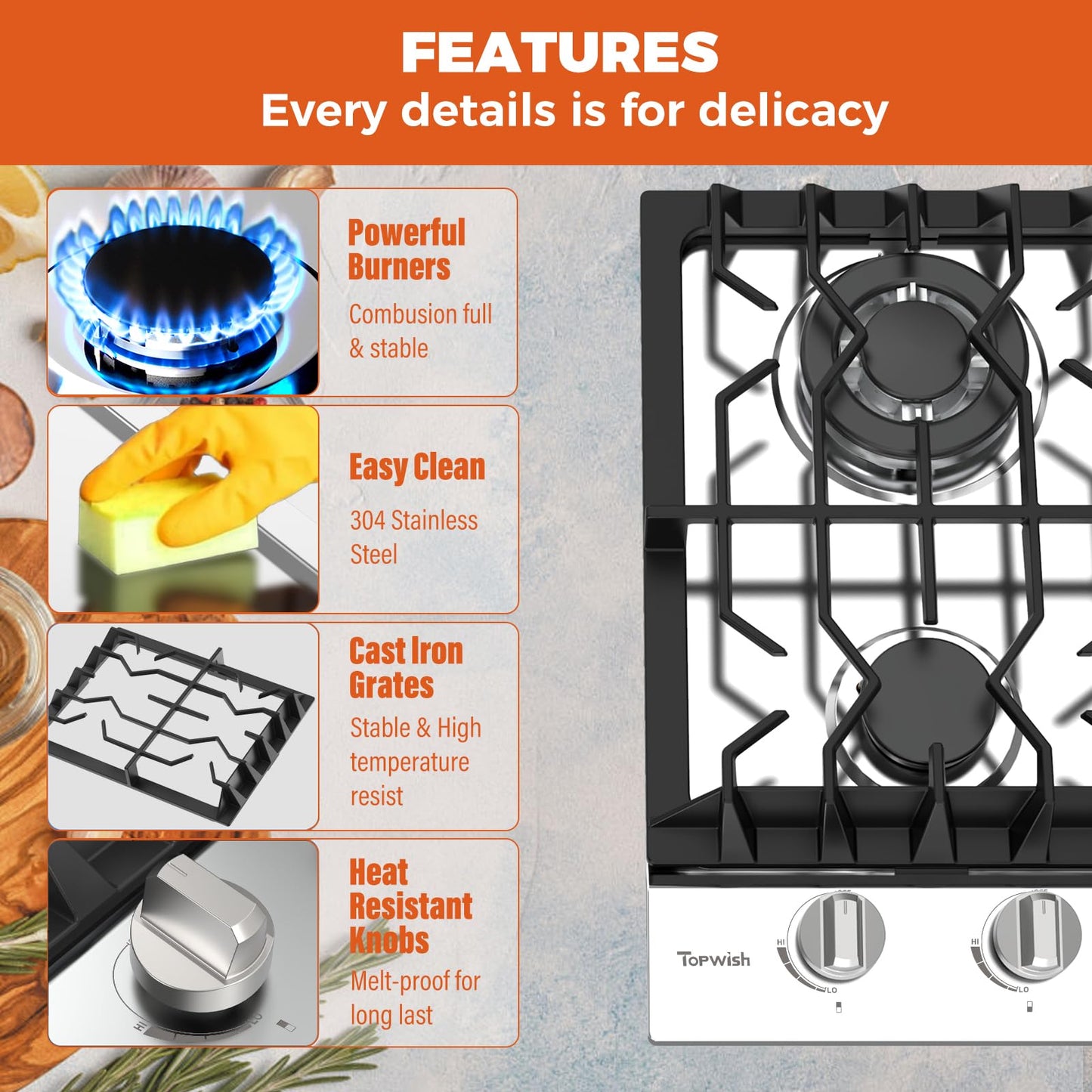 TOPWISH 12 Inch Gas Cooktop, 2 Burner Gas Stove Built-in Propane Stove Top with LPG/NG Convertible Dual Fuel Hob 18000BTU, Stainless Steel Stovetop Thermocouple Protect for Kitchen, Apartments, Rvs