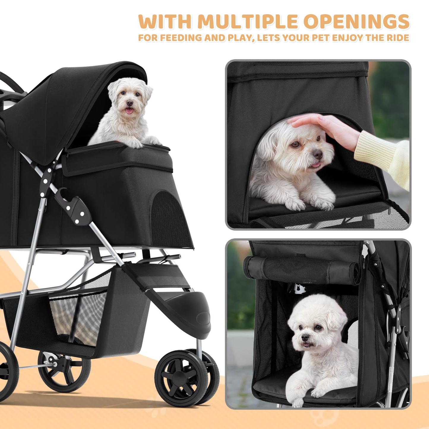 Magshion 3-Wheel Pet Stroller, Foldable Travel Jogger for Small & Medium Dogs & Cats (Up to 33lbs), Lightweight Carrier with Breathable Mesh Cover, Cup Holder & Storage Basket, Black
