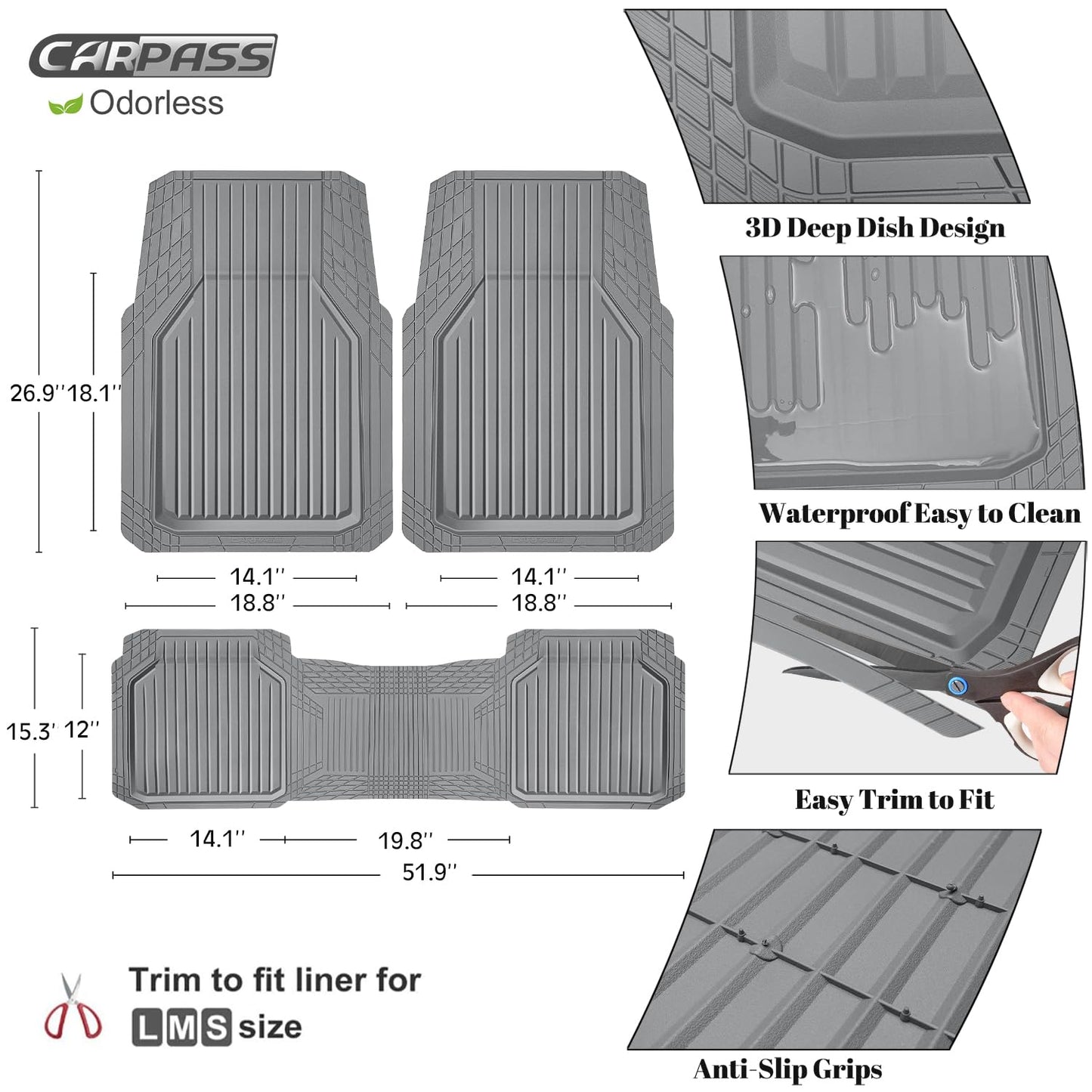 CAR PASS Heavy Duty Rubber Floor Mats for Car, Waterproof Liner Deep Dish Car Mats Full Sets, Universal Trim to Fit for SUV Truck Sedans Vans, All Weather Automotive Floor Mats 3pcs, Solid Gray