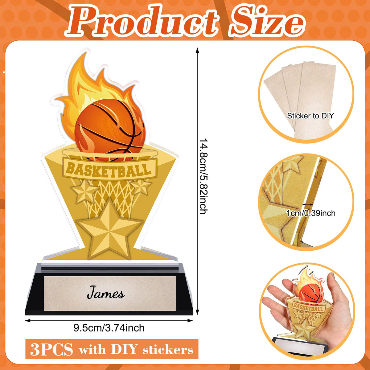 Gerrii Acrylic Trophies Awards with DIY Name Stickers Pack of 3 Champion Trophy Medals Team Reward Gift for Basketball Softball Baseball Competition Contest Tournament, 5.8/6.14/6.38inch(Basketball)
