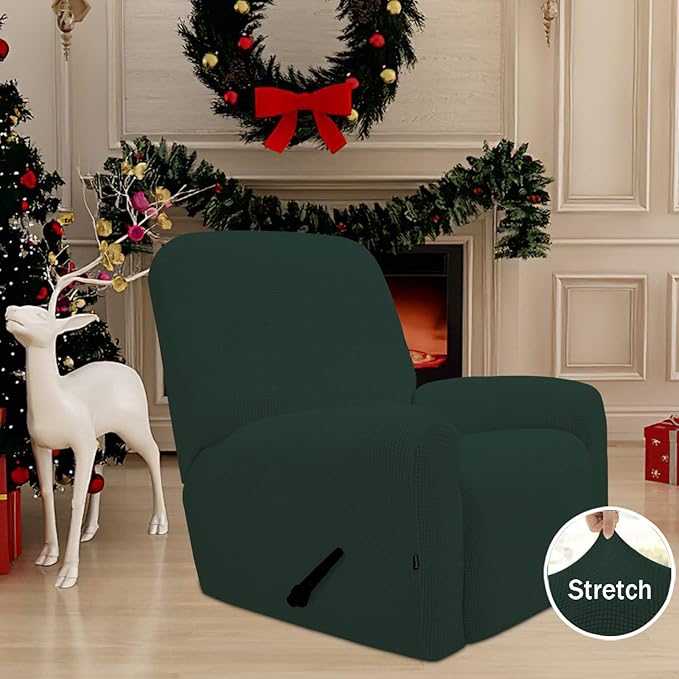 Easy-Going Recliner Stretch Sofa Slipcover Sofa Cover 4-Pieces Furniture Protector Couch Soft with Elastic Bottom,Polyester Spandex Jacquard Fabric Small Checks(Recliner,Dark Green)