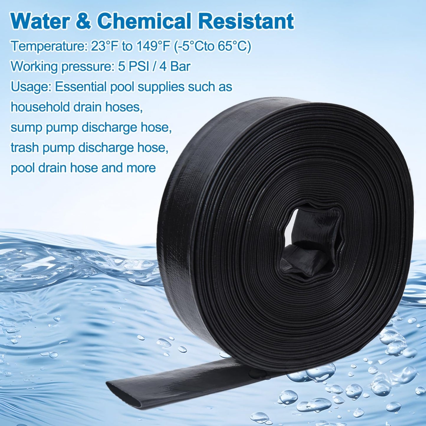 Gonioa 2 inches x 100 FT Heavy-Duty PVC Swimming Pool Backwash Hose, Reinforced Discharge Hose with Clamp for Swimming Pools, Black