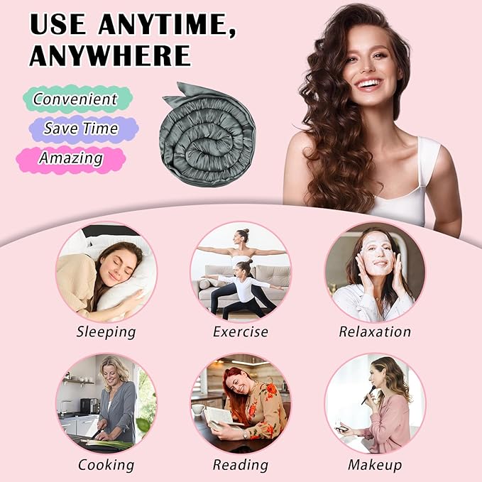 Gwabee Satin Heatless Curls Overnight Hair Curlers to Sleep In Hair Curler Rollers No Heat Hair Wrap for Curls Headband, 70" Satin Heatless Curling Rod Set for Women Long Waves Hair Volume -Grey 10PCS