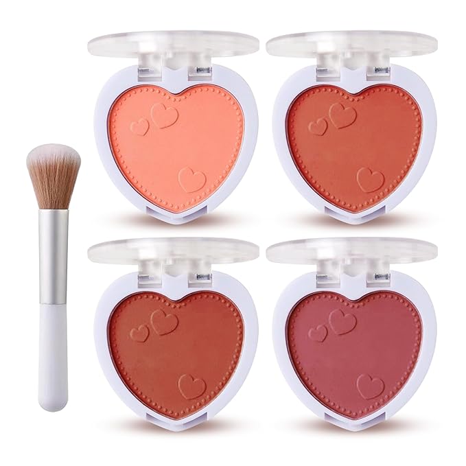 4Pcs Blush Palette for Cheeks with Make Up Brush,Face Matte Contour Blush Makeup Palette,Buildable Shimmer Facial Cheek Blusher Shades,Blendable Cosmetic Makeup Blush B