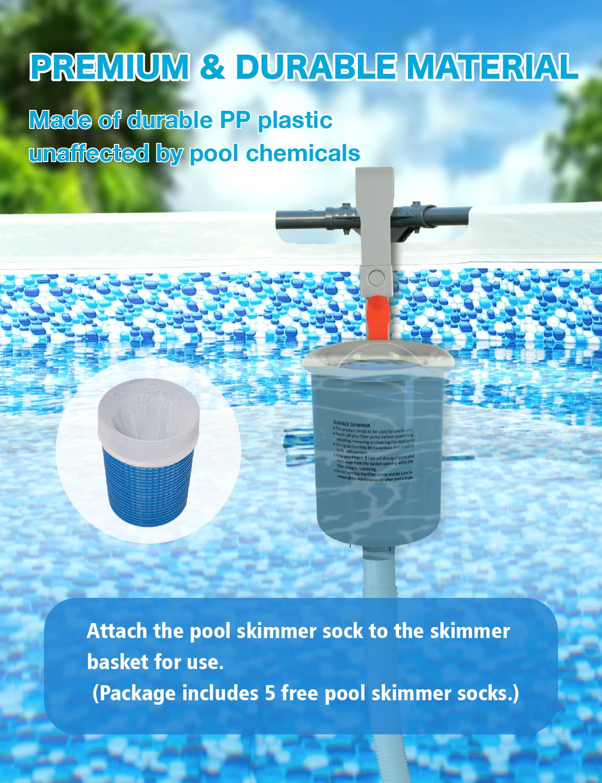 MUWOOB Above Ground Pool Skimmer with 5 Skimmer Socks, Wall Mount Surface Skimmer with Hose & Basket, Compatible with Intex Pools, Adjustable Floating Filter, Automatically Removes Leaves & Debris