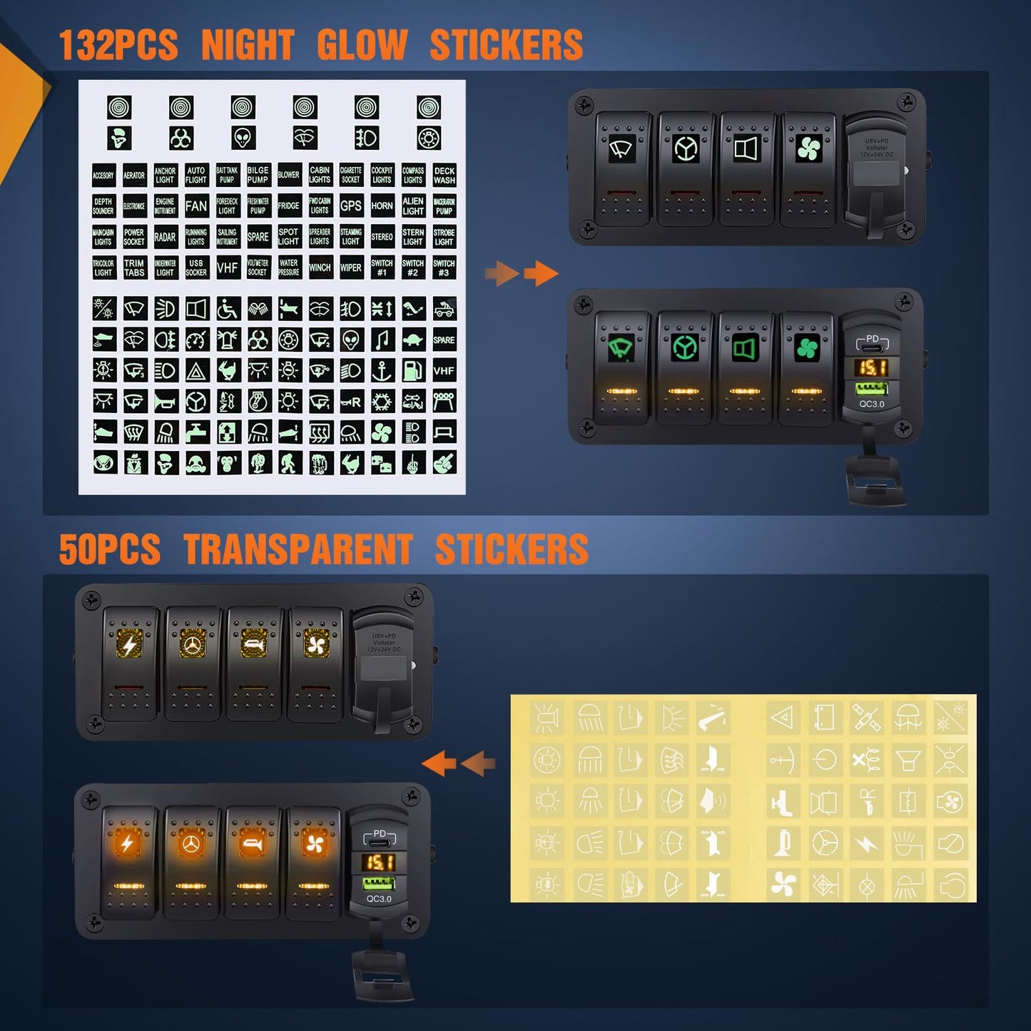 Nilight 4 Gang Rocker Switch Box 12V SPST ON Off Toggle Switches PD Type C and QC 3.0 USB Sockcet Voltmeter Orange LED Light Waterproof Aluminum Mount Bracket Panel DIY Stickers for Boat Car RV Truck