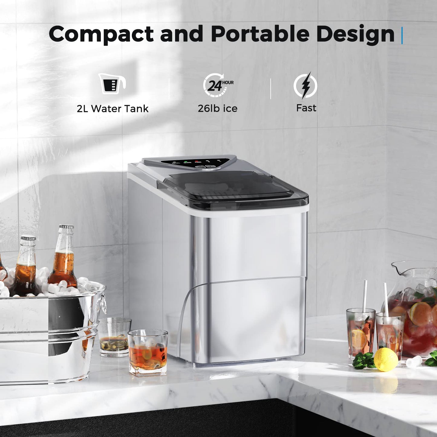 FZF Ice Makers Countertop, Self-Cleaning Function, Portable Electric Cube Maker Machine, 9 Pebble Ready in 6 Mins, 26lbs 24Hrs with Bags and Scoop Basket for Home Bar Camping RV