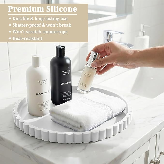 Silicone Bathroom Vanity Tray, Modern Round Decorative Tray for Countertop, Waterproof & Unbreakable Cosmetic Perfume Organizer, Extra-Thick & Sturdy, Easy to Clean Candle Tray (9 inch, White)