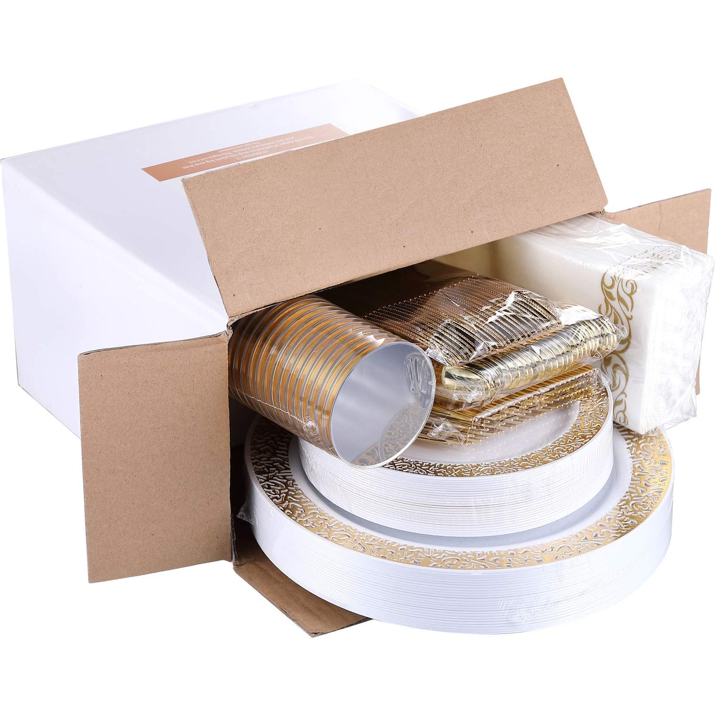 FOCUSLINE 175 Ct Gold Dinnerware Set for 25 Guests, White Plastic Plates with Gold Lace Rim Design, Including 25 Disposable Dinner & Dessert Plates, Cups, Napkins, Cutlery Set