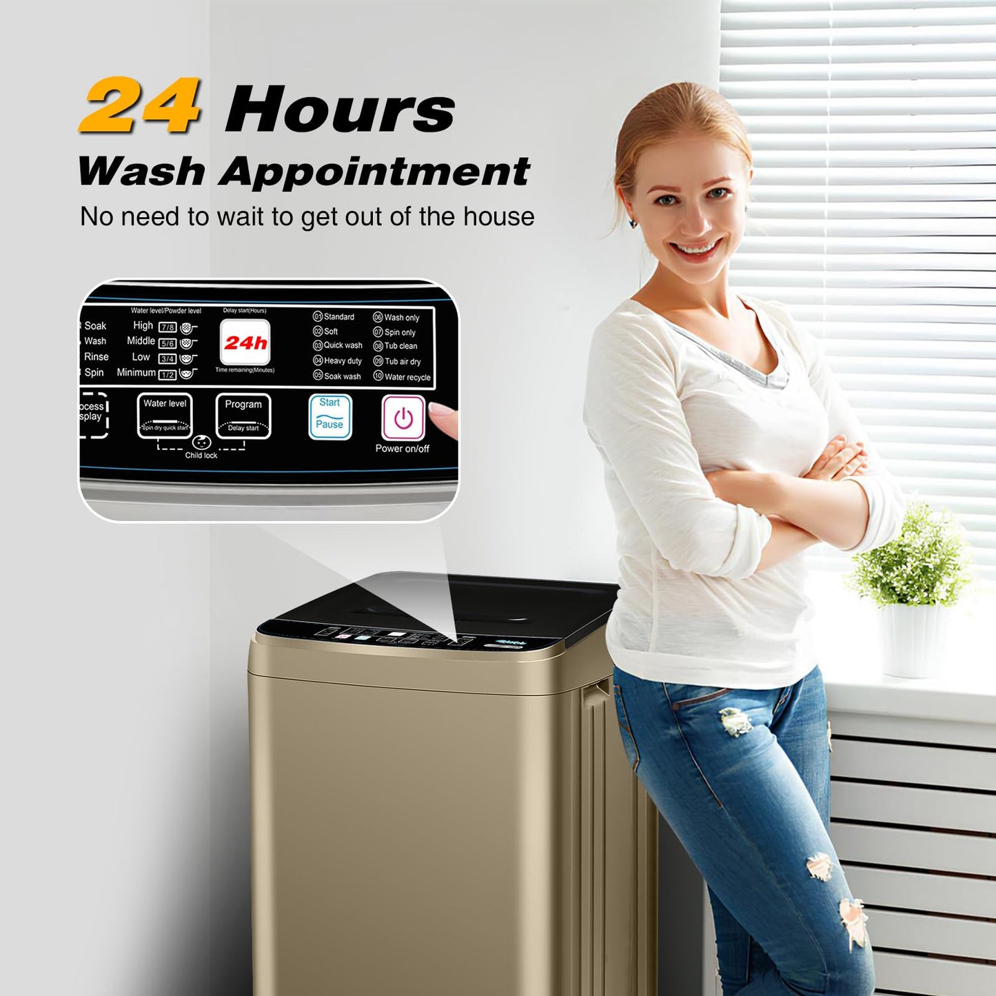 BORCOLO Portable Washing Machine, 17.7lbs Full-Automatic Small Washing Machine for Apartment, 10 Wash Programs with Drain Hose Dorm Size Portable Washer for RV, Home, College, Gold
