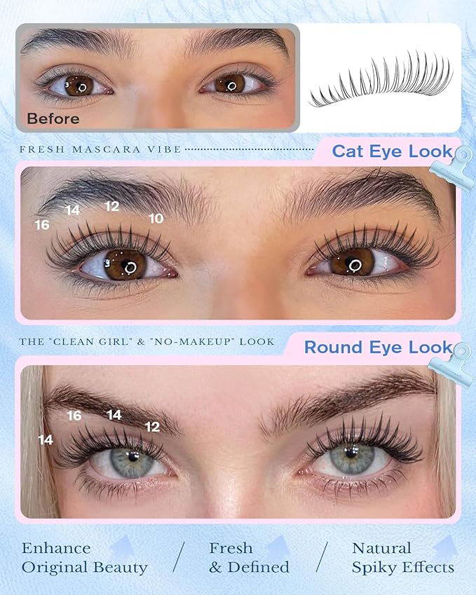 PHKERATA Natural Lash Clusters Manga Eyelash Clusters, Wispy C Curl Clusters Eyelash Extensions Invisible Clear Band, Korean Lashes Look DIY Lash Extensions, Fairy PestaÃÂ±as Postizas Naturales