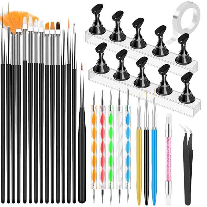 Nail Art Tools Set, Nail Stand for Press on Holder for Painting Nails, Nail Art Brushes, Liner Brushes, Nail Dotting Tool, Must Haves Design Tools Supplies Kit for Nail Tech & Beginners (Black)