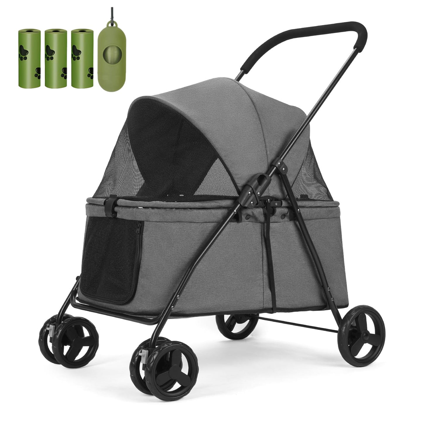 20% Larger Capacity, Wedyvko Dog Stroller for Medium/Small Pets w/Dog Poop Bags & Dispenser, Storage Pouch, Zipperless, Entry in/Out Easy (Grey)