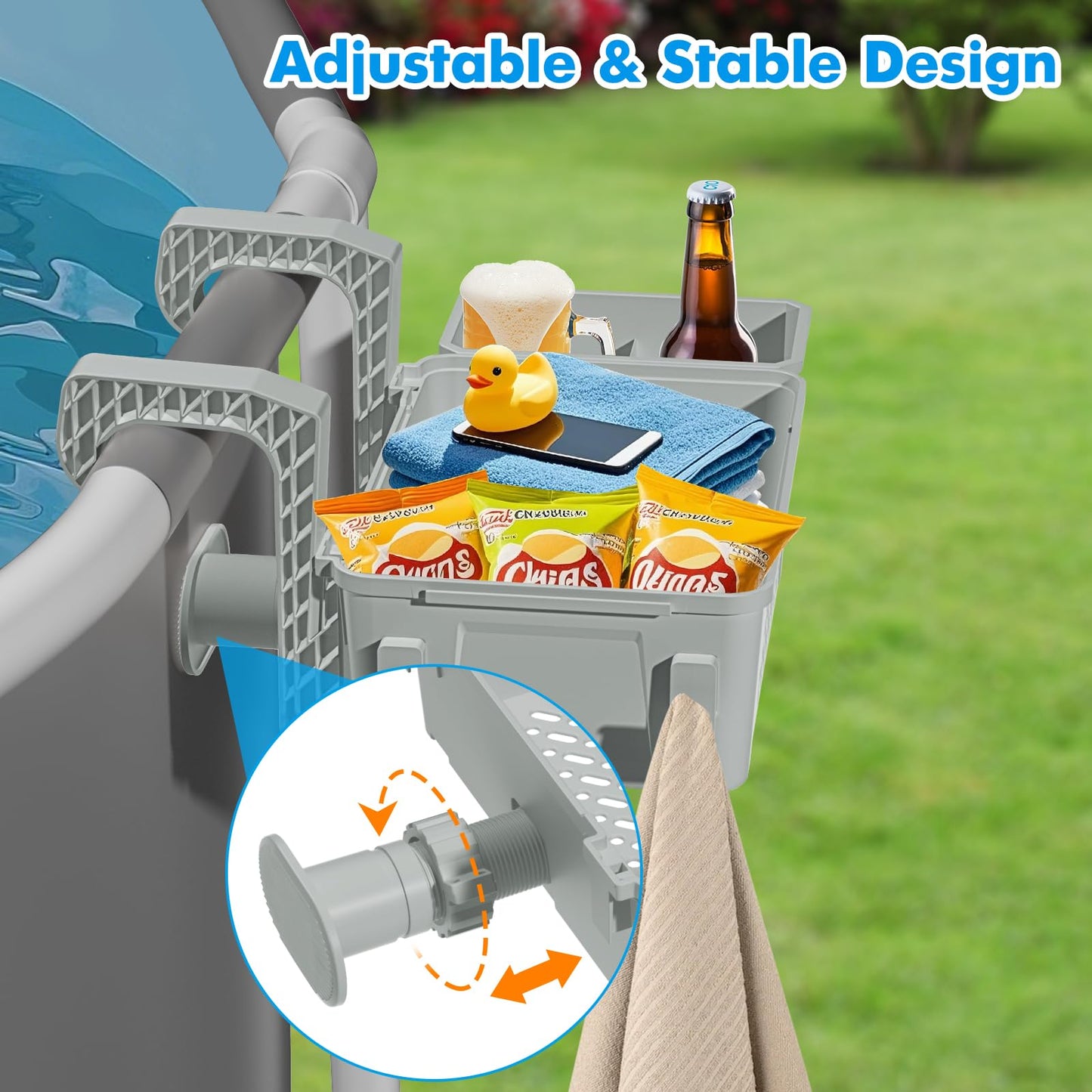 Poolside Storage Basket 2 Pack - Above Ground Pool Accessories, Swimming Pool Storage Baskets with Cup Holders,Fits 3” or Smaller Top Rails,Versatile Organizer for Pool Toys,Towels,Beverages (Grey)