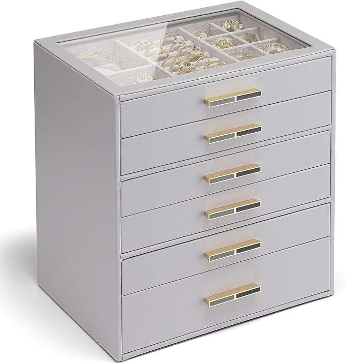 Vlando 6 Layer Jewelry Box for Women, Glass Lid Jewelry Organizer with 6 Drawers for Necklaces Rings Earrings Bracelets - Grey
