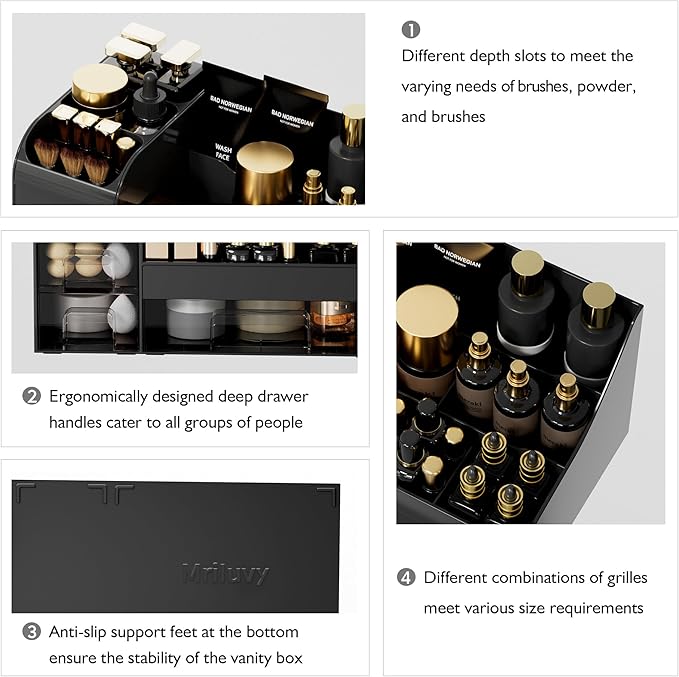 Makeup Organizer with Drawers,Large Cosmetic Storage Box,Countertop Skincare Organizer,ABS Makeup Brush Holder for Bathroom,Desk,Dresser,Multifunctional Beauty Display Case,Black transparent