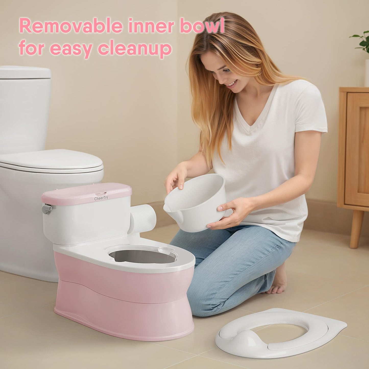 CheerTry 2-in-1 Toddler Potty Training Toilet - with Detachable Training Seat, Realistic Flushing Sound for Boys & Girls Ages 1-3 with Wipes Storage, Toilet Paper Holder