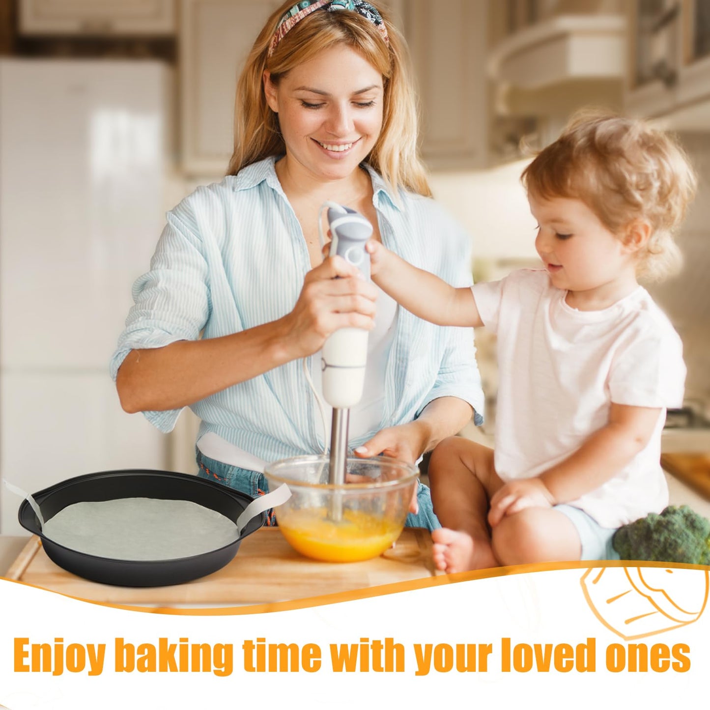 tutikuki 8" Round Cake Pan, 3PCS Nonstick Cake Pans with 100 PCS Parchment Paper, Carbon Steel Cake Baking Pans with Handle, Dishwasher Safe