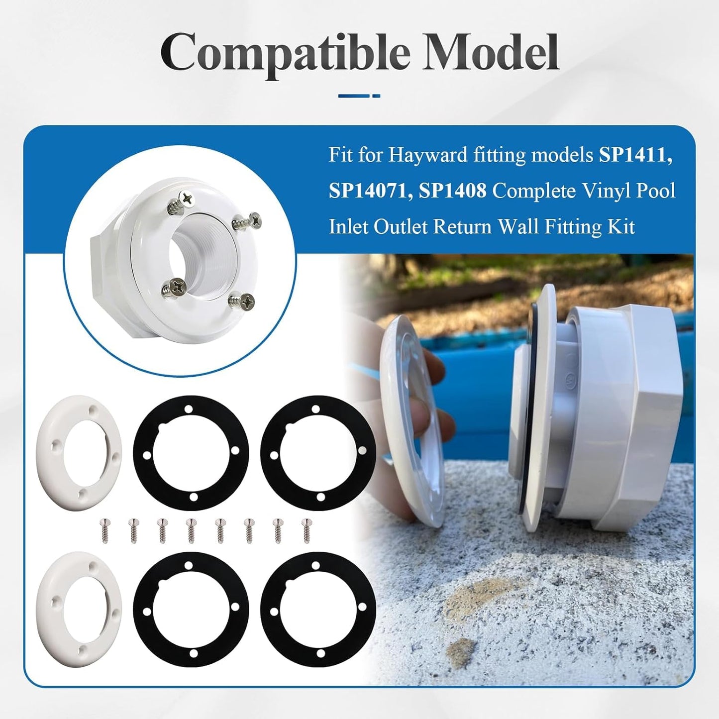 SPX1408B Face Plate & SPX1408C Gasket Compatible with Hayward Pool SP1408 SP1411, SP14071 Inlet Return Wall Fitting Kit,Vinyl Swimming Pool Return Wall Fitting Kit W/4 Face Plates, 8 Gaskets,16 Screws