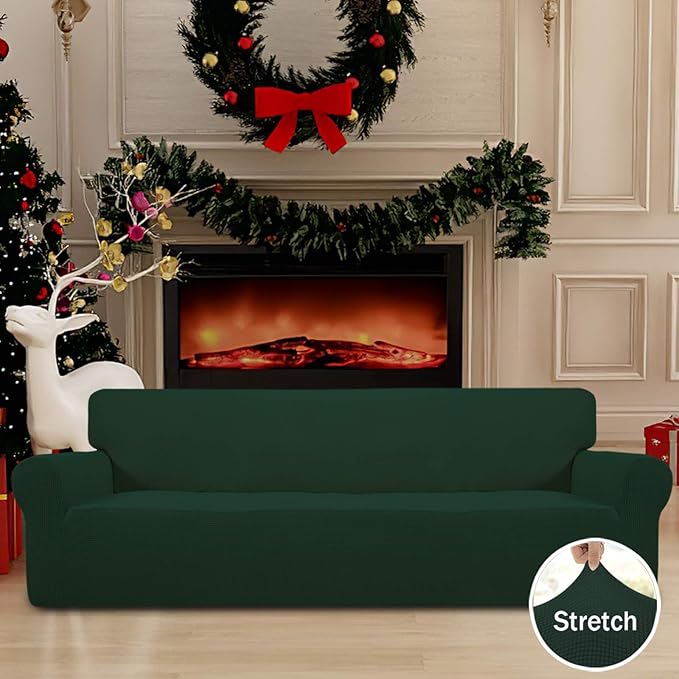 Easy-Going Stretch 4 Seater Sofa Slipcover 1-Piece Sofa Cover Furniture Protector Couch Soft with Elastic Bottom for Kids, Polyester Spandex Jacquard Fabric Small Checks Dark Green