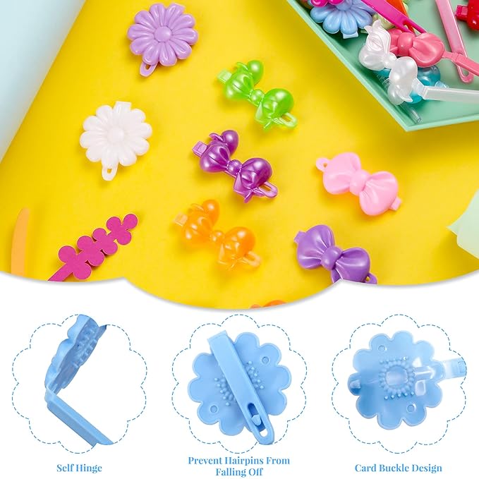 Janinka 72 Pieces Plastic Self Hinged Barrettes: Colorful 80s 90s Cartoon Hairpins and Clips for Girls and Toddlers (Multicolor, Delicate)