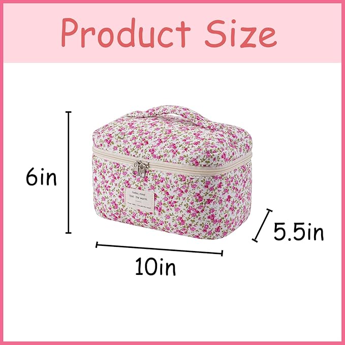 uekeboag Large Travel Quilted Makeup Bag for Women, Floral Cotton Cosmetic Bag, Coquette Aesthetic Floral Toiletry Organizer Bag