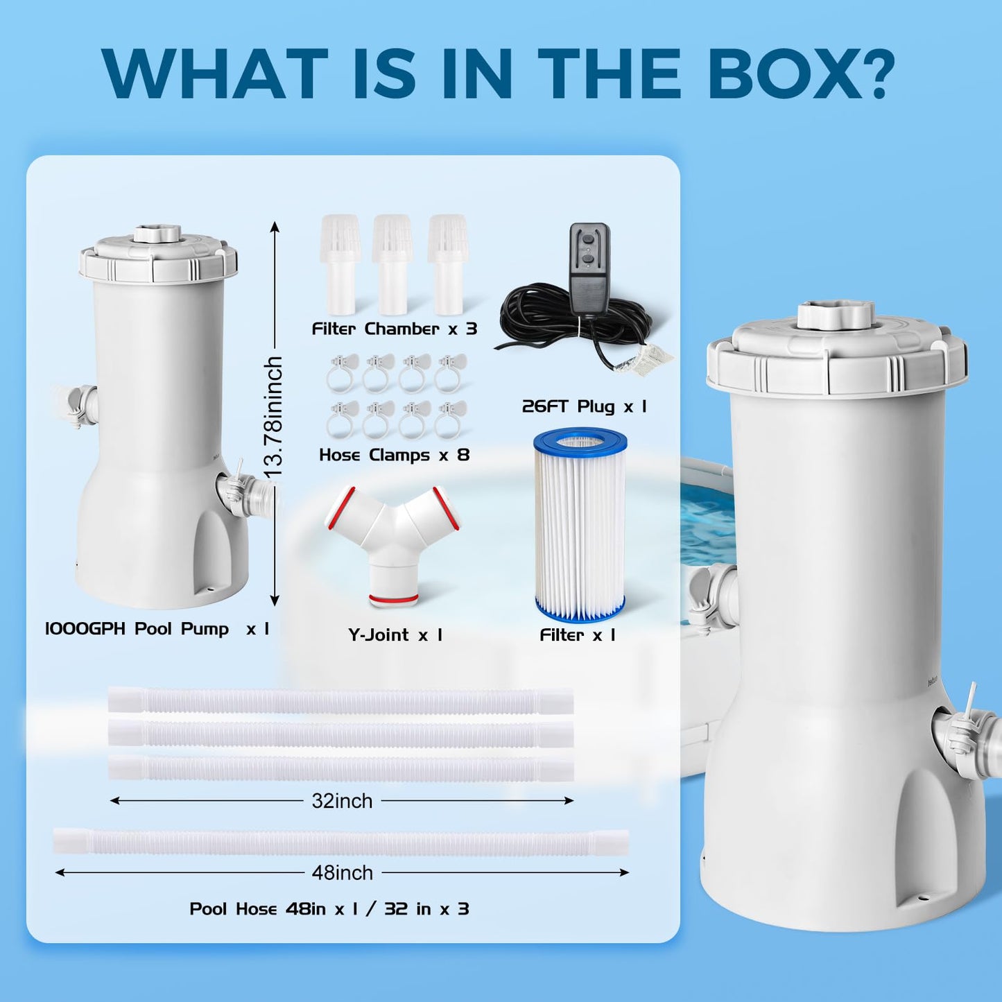 1000 Gallons Pool Filter Pump Above Ground, Swimming Pool Filter Cartridge Pump, Electric Pool Filters Pumps for Pools Sand Cleaning Tool Set, 1000 GPH Pools Pumps Above Ground