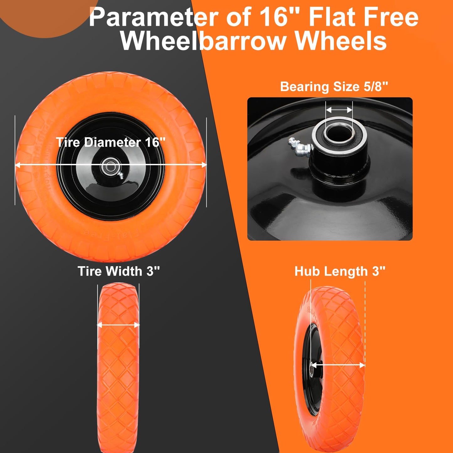 Pontuss Upgraded 16" Flat Free Wheelbarrow Wheels and Tires, 4.80/4.00-8 Solid Tires with 5/8"&3/4" Bearings, Universal Fit for Wheelbarrows/Garden Trailer