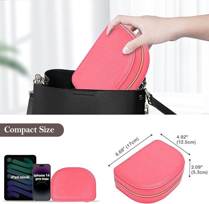 ProCase Travel Size Jewelry Box, Medium Portable Seashell-Shaped Jewelry Case, 2 Layer Jewelry Organizer in PU Leather for Women -Melon Pink