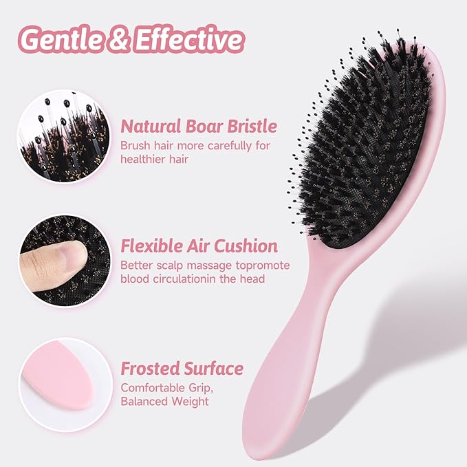 Boar Bristle Hair Brush for Women Men - Gentle Detangling Paddle Brush Pink with Nylon & Boar Bristles, Smoothing, Massage & Shine, Reduces Frizz, for Curly, Thick, Thin, Wet or Dry Hair & Extensions