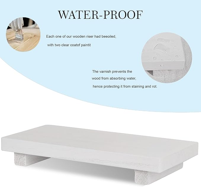 zoocatia Small Wood Tray Pedestal Stand Farmhouse Bathroom Decor Decorative Wooden Riser Kitchen Soap Dish Holder for Vanity, Counter, Sink, 10" x 4.5" - White