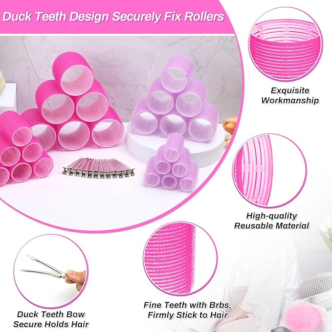 Rollers Hair Curlers Set - 36 Pieces with 4 Sizes (6 Jumbo, 6 Large, 6 Medium & 6 Small Curlers), 12 Hair Clips for Long, Thick Hair, Pink
