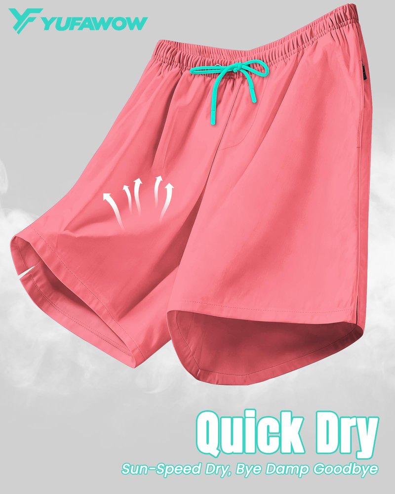 7 Inch 7in Men Swim Trunks mid-thigh Compression Liner Quick Dry Drawstring Male Swimwear Swimsuit Swimtrunks Boardshorts Bathing Suit Fair Beach Water Shorts Zipper Mesh Pocket Inseam Harbor Pink