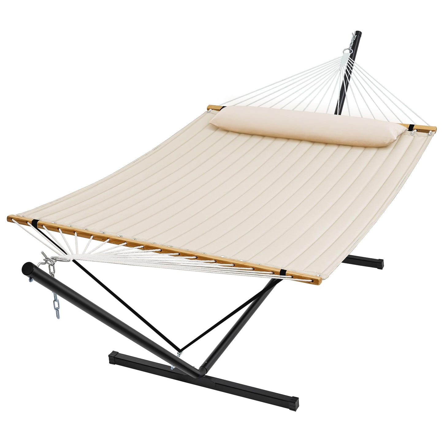 SUPERJARE Hammock with Stand, 2 Person Quilted Outdoor Hammock, Detachable Pillow & Bamboo Spreaders, Portable Hammock with Carrying Bag, Heavy Duty Stand, Perfect for Outside, Patio, Cream Beige